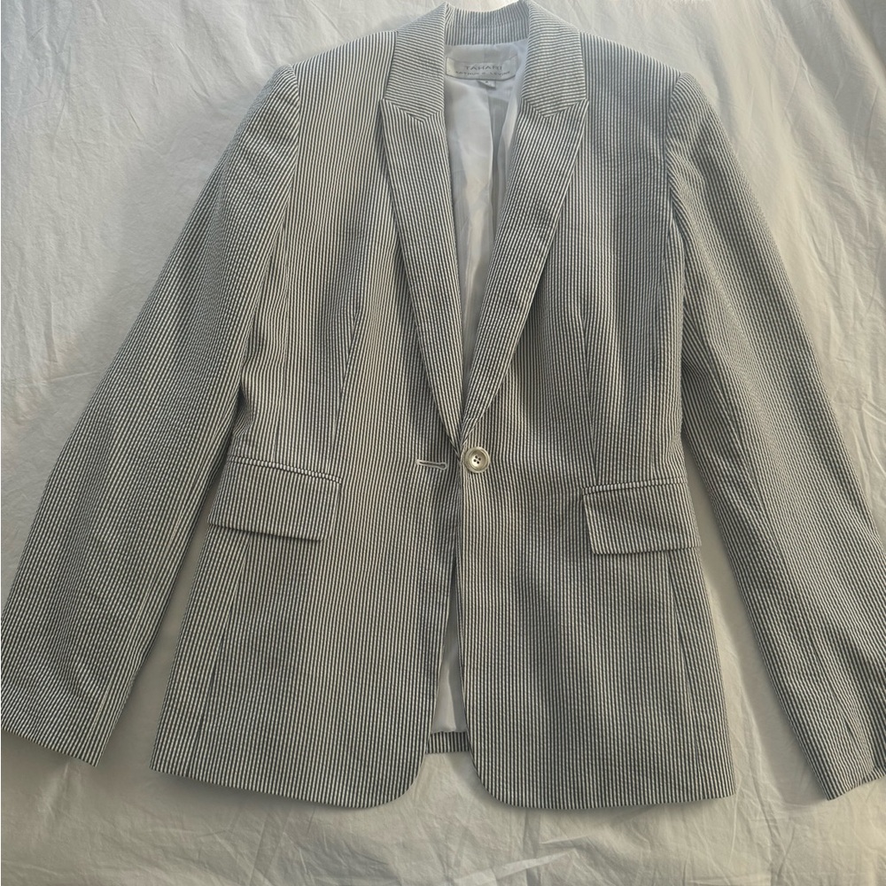 Tahari Gray and White Striped Blazer